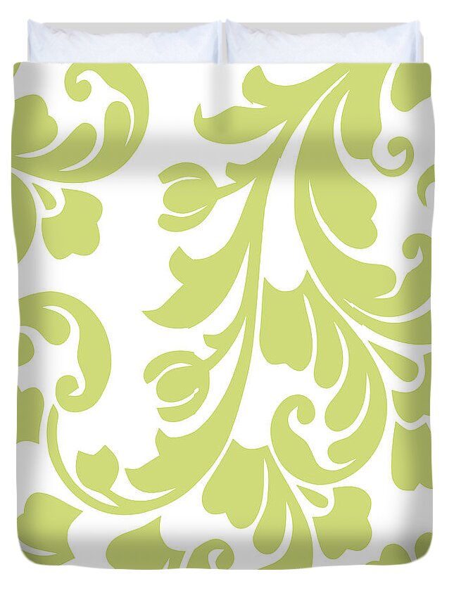 Calyx Duvet Cover featuring the painting Calyx Chartreuse Damask by Mindy Sommers