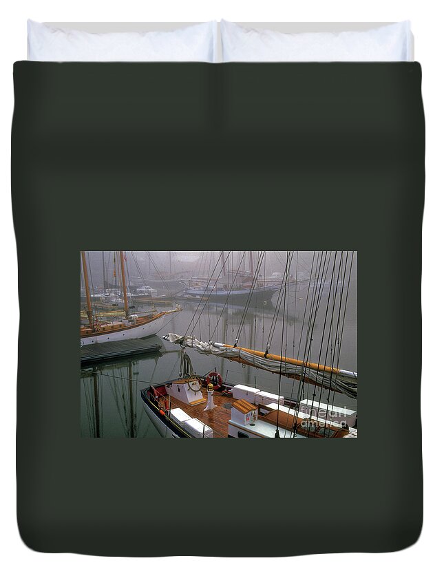 Boat Duvet Cover featuring the photograph Camden Harbor in the fog by Kevin Shields