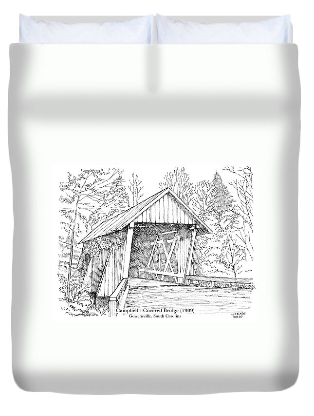 Covered Wooden Bridge Duvet Cover featuring the drawing Campbell's Covered Bridge by Greg Joens
