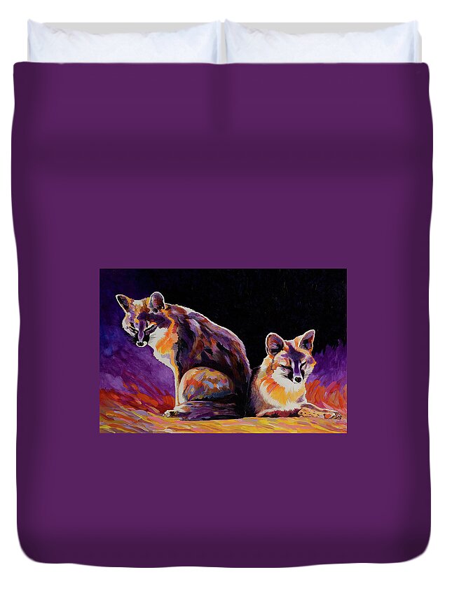 Imaginary Realism Duvet Cover featuring the painting Campfire Surveillance Team by Bob Coonts