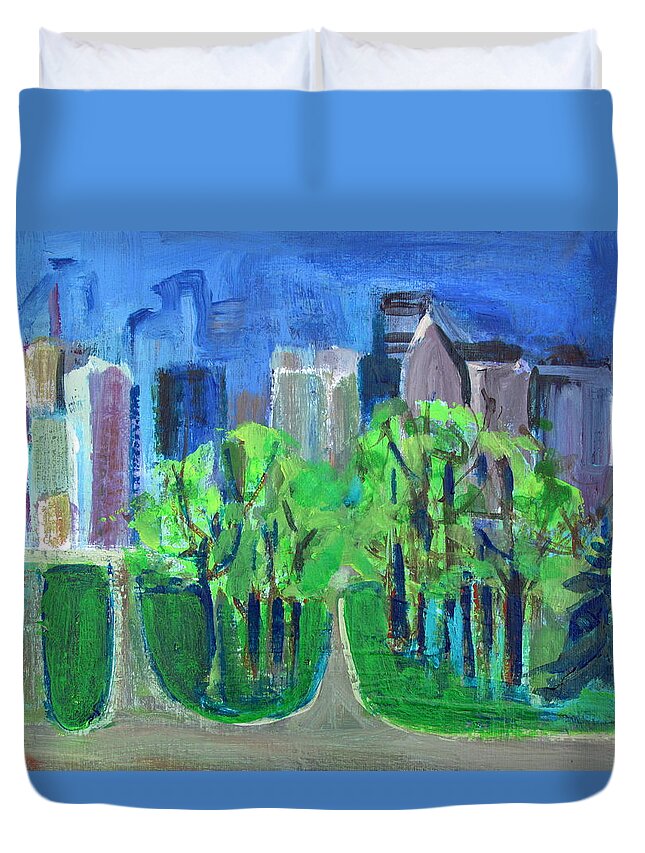 City Scene And Green Park Area Duvet Cover featuring the painting Campus by Betty Pieper