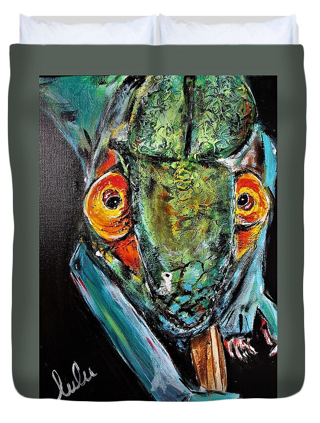 Chameleon Duvet Cover featuring the painting Can you see me now? by Lucy Matta