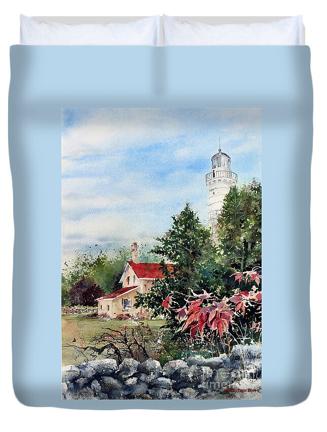 Cana Lighthouse In Door County Duvet Cover featuring the painting Cana Light In Door County by Monte Toon