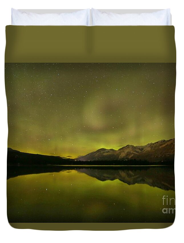 Canadian Northern Lights Duvet Cover featuring the photograph Canadian Rockies Light Show by Adam Jewell