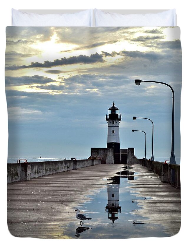 Lighthouse Duvet Cover featuring the photograph Canal Park Pier by Susie Loechler