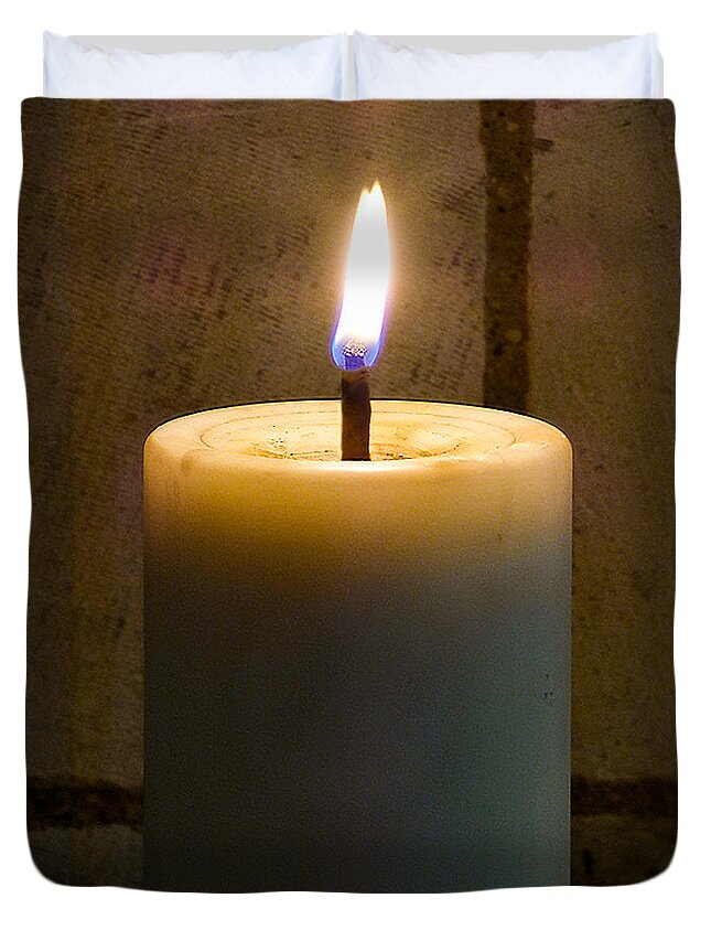 Alight; Blue; Brown; Burning; Candle; Fire; Light; Night; Stone; Texture; Wall; White; Yellow; Flame Duvet Cover featuring the photograph Candle Light by Steve Taylor