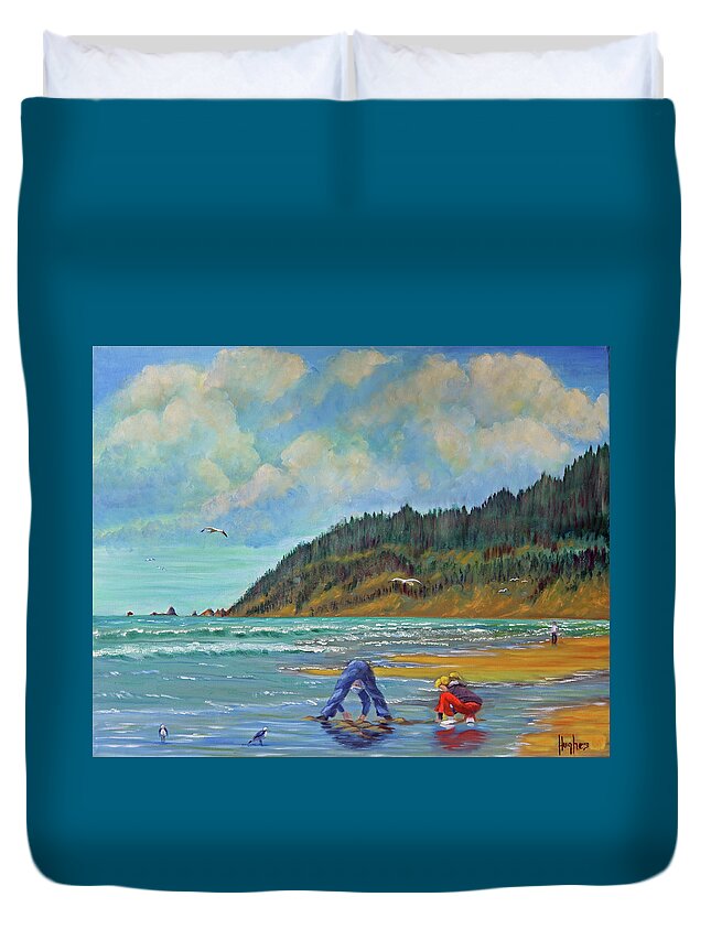 Cannon Beach Oregon Duvet Cover featuring the painting Cannon Beach Kids by Kevin Hughes