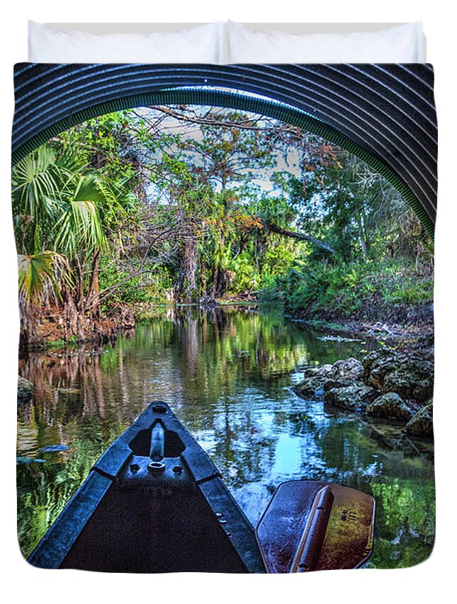 Boats Duvet Cover featuring the photograph Canoeing Through the Tunnel by Debra and Dave Vanderlaan