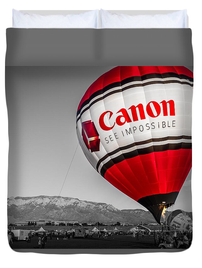 Albuquerque Duvet Cover featuring the photograph Canon - See Impossible - Hot Air Balloon - Selective Color by Ron Pate
