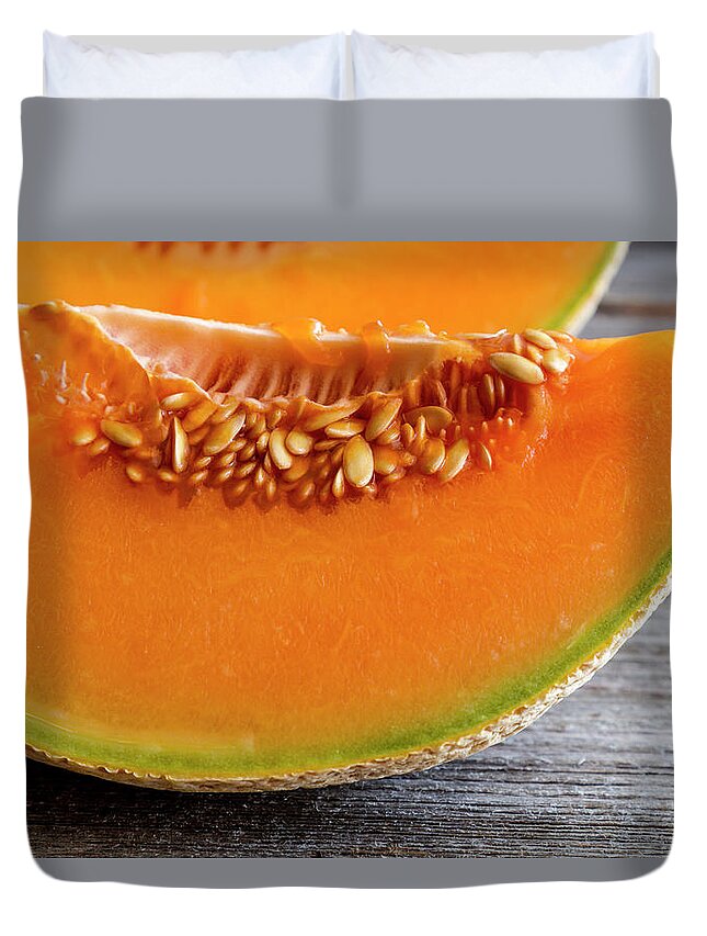 Cantaloupe Duvet Cover featuring the photograph Cantaloupe Melon Close Up by Teri Virbickis
