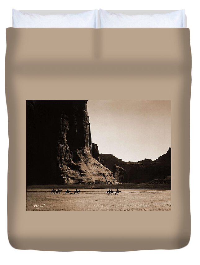 Indian Duvet Cover featuring the painting Canyon de Chelly Navajo. Seven riders on horseback. Edward S. Curtis. USA, 1900 by Celestial Images