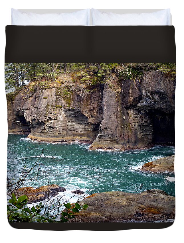 Nature Duvet Cover featuring the photograph Cape Flattery Sea Caves by Emerita Wheeling