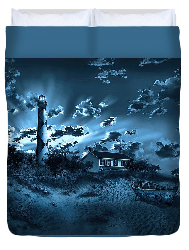 Lighthouse Duvet Cover featuring the painting Cape Lookout Lighthouse 3 by Bekim M
