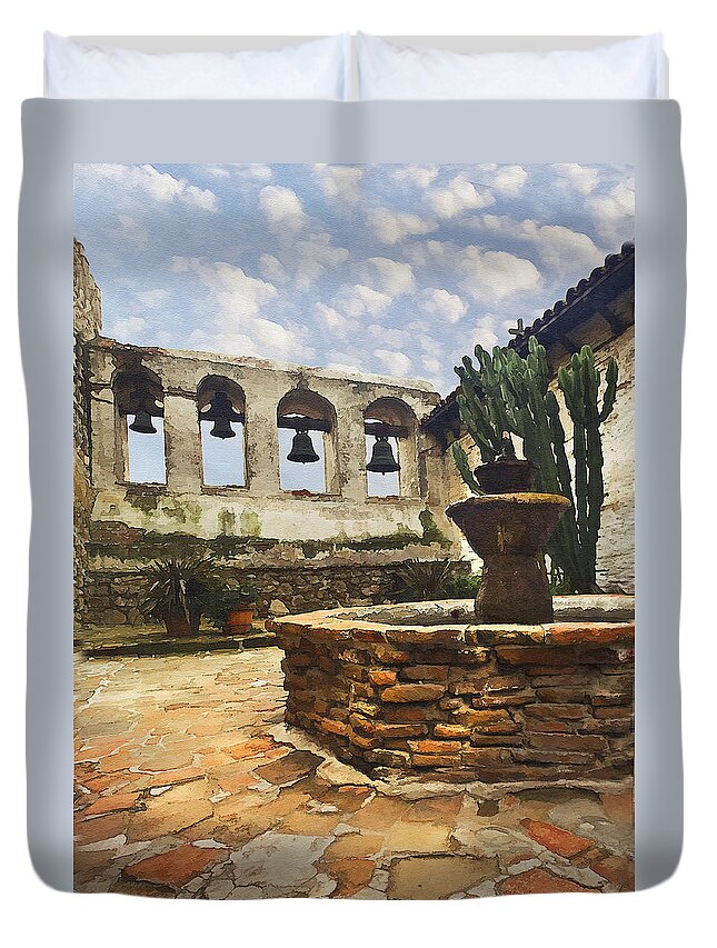 Mission Duvet Cover featuring the photograph Capistrano Fountain by Sharon Foster