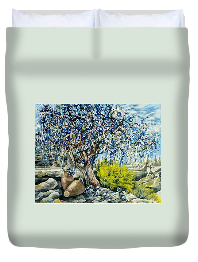 Travel Impressions Duvet Cover featuring the painting Cappadocia Nazar Tree by Anna Duyunova