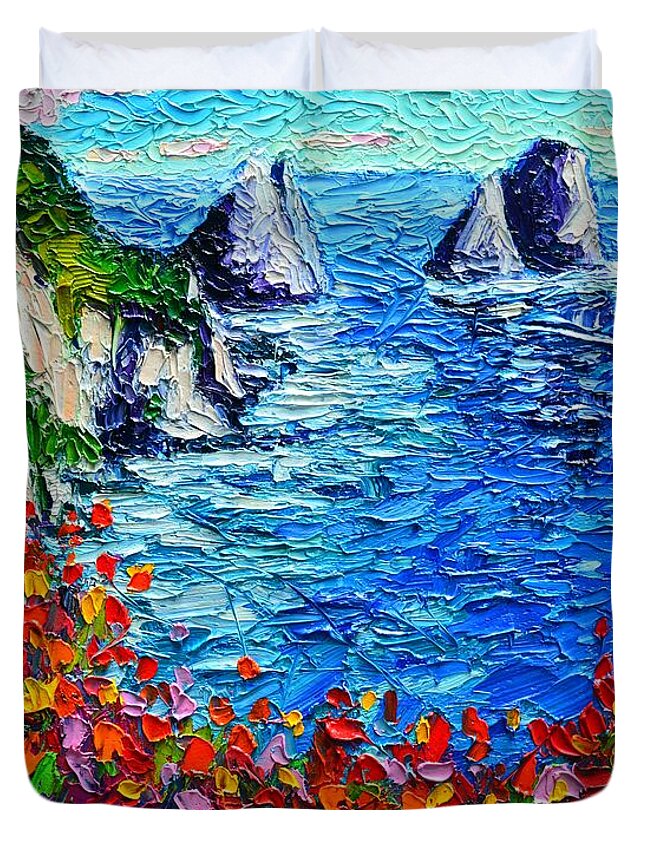 Capri Duvet Cover featuring the painting Capri Faraglioni 2 Italy Colors Modern Impressionist Palette Knife Oil Painting Ana Maria Edulescu by Ana Maria Edulescu