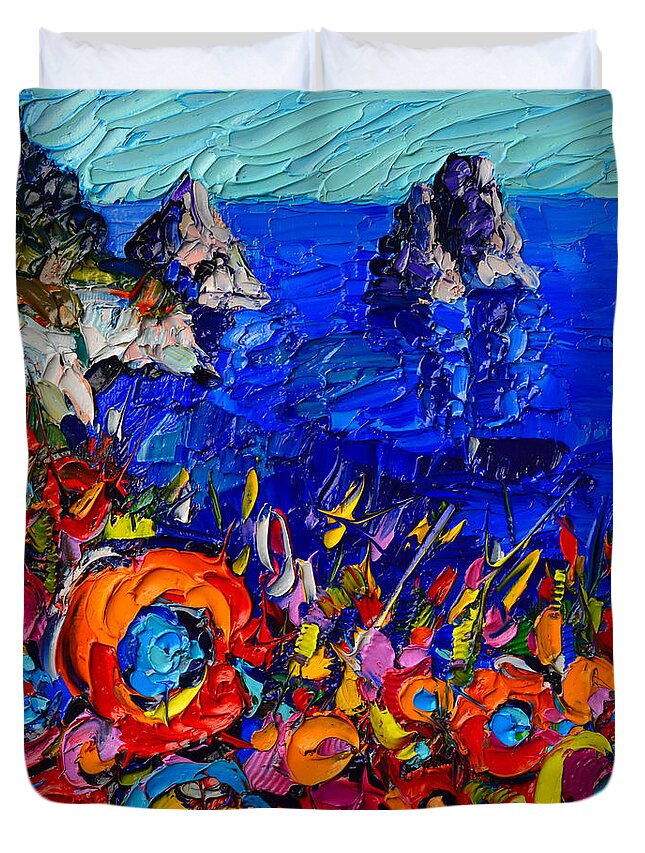 Capri Duvet Cover featuring the painting Capri Faraglioni Italy Colors Modern Impressionist Palette Knife Oil Painting By Ana Maria Edulescu by Ana Maria Edulescu