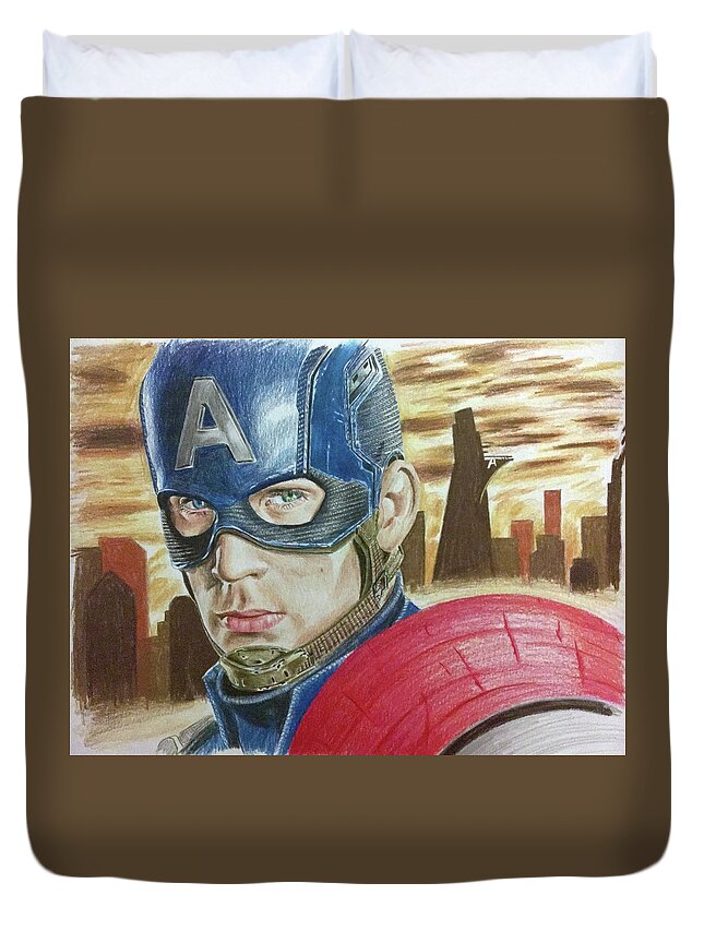 Captain America Duvet Cover featuring the drawing Captain America by Michael McKenzie