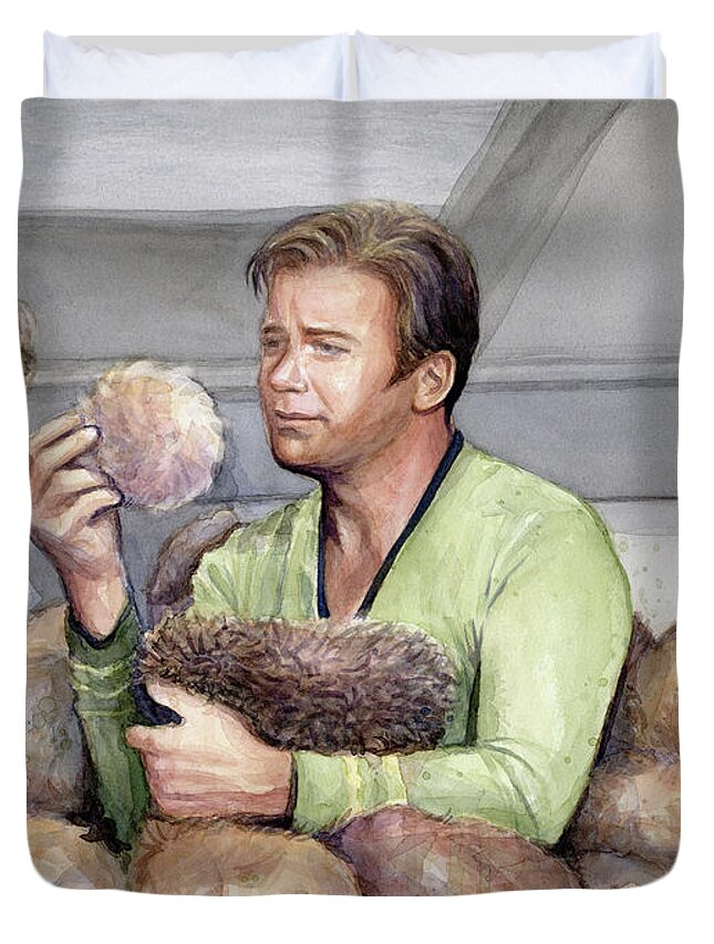 Star Trek Duvet Cover featuring the painting Captain Kirk and Tribbles by Olga Shvartsur