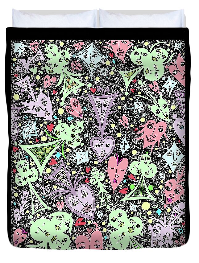 This Cartoon Is A Version Of A Black And White Ink Drawing Depicting Playing Cards With Faces. The Earlier Versions Were Meant More For Home Decor Duvet Cover featuring the digital art Card Game Symbols Cartoon by Lise Winne