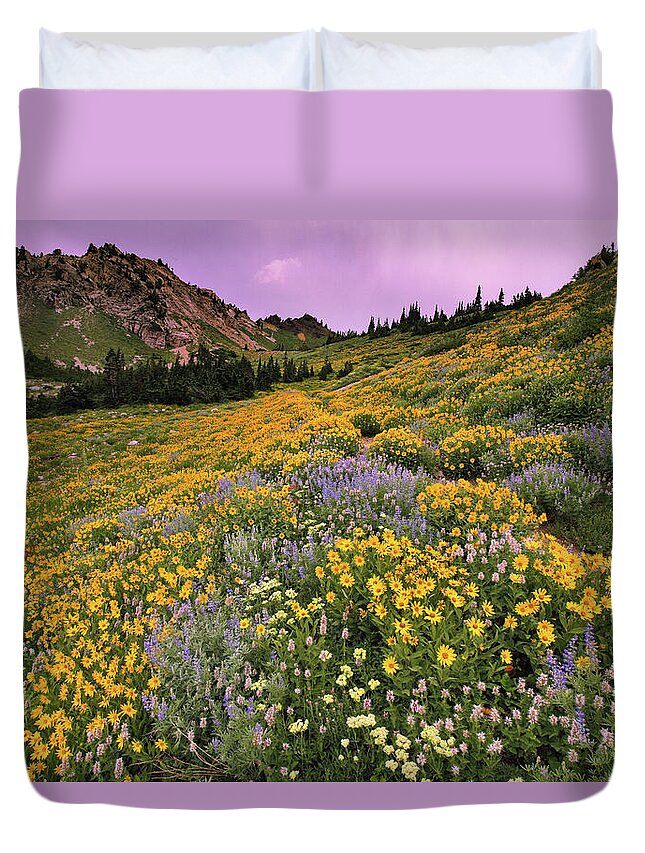 Utah Duvet Cover featuring the photograph Cardiff Pass Sunset and Wildflowers - Alta, Utah by Brett Pelletier