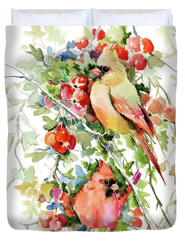 Cardinal Duvet Cover featuring the painting Cardinal Birds and Hawthorn by Suren Nersisyan