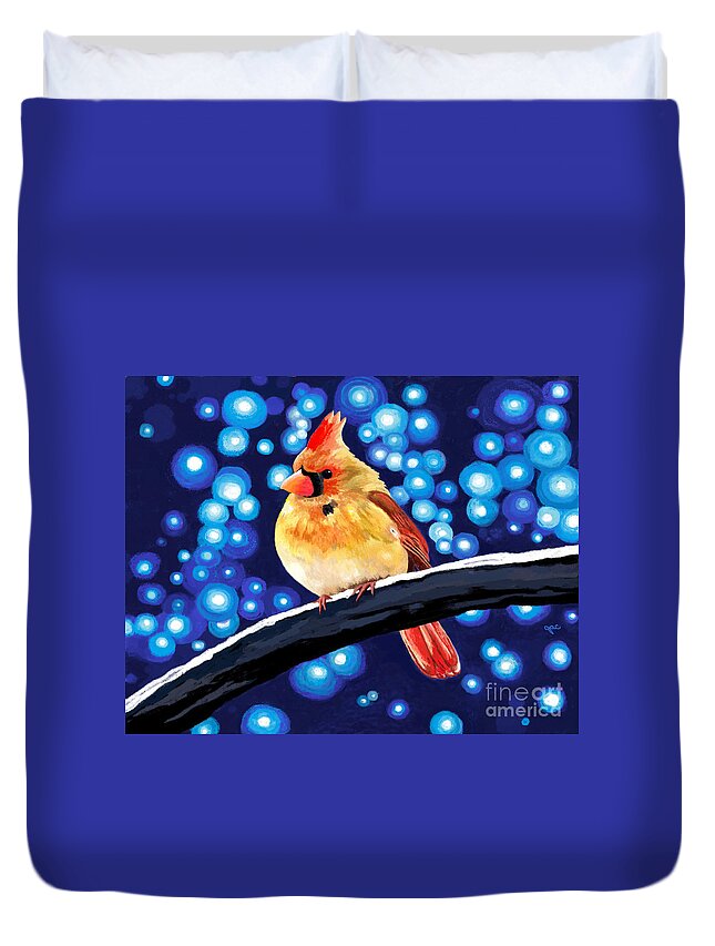 Cardinal Duvet Cover featuring the painting Cardinal Mama Snowfall by Jackie Case