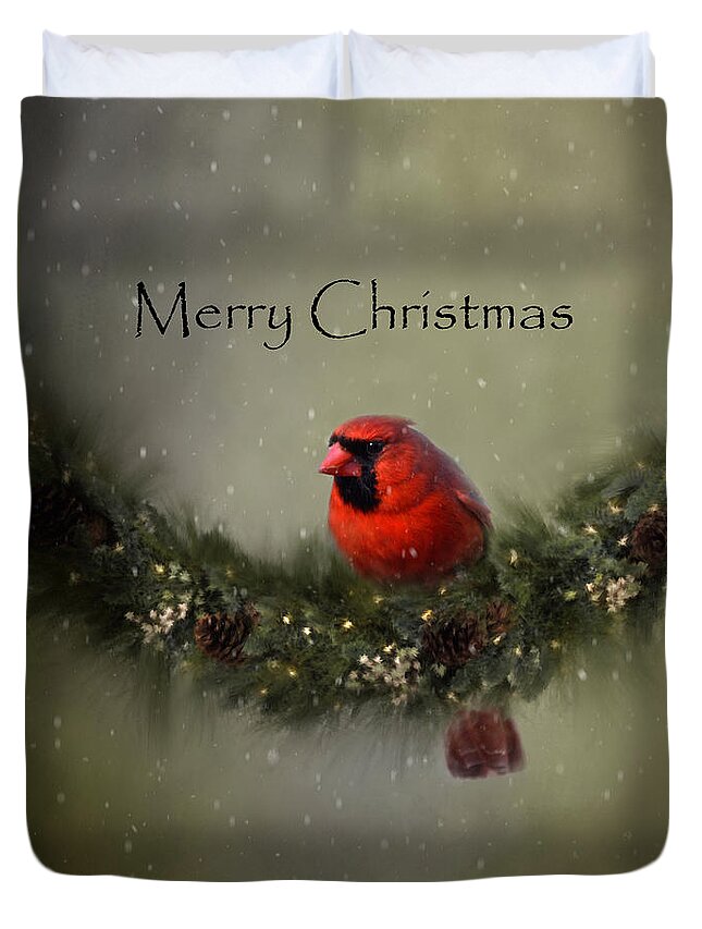 Art Duvet Cover featuring the photograph Cardinal Merry Christmas by Ann Bridges