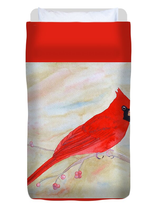 Cardinal Duvet Cover featuring the painting Cardinal Watching by Laurel Best