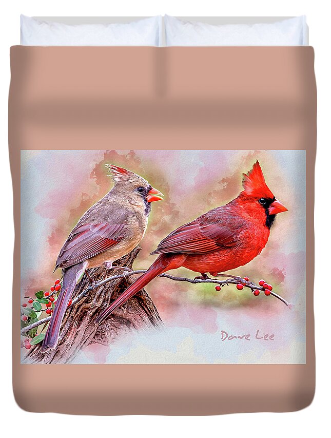Cardinals Duvet Cover featuring the mixed media Cardinals - Beloved Songbirds by Dave Lee