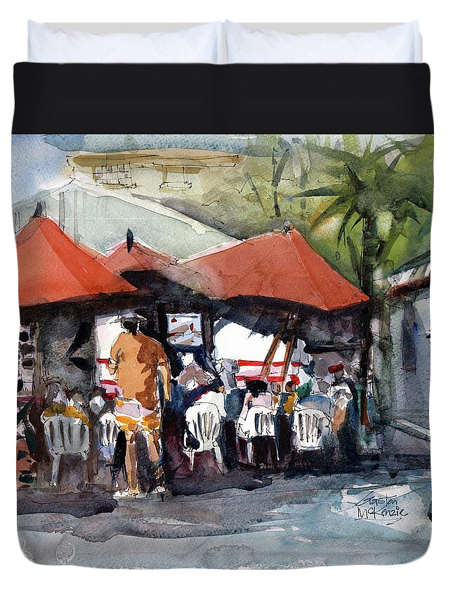 Watercolor Duvet Cover featuring the painting Caribbean bar-theatre Barbados Style by Gaston McKenzie