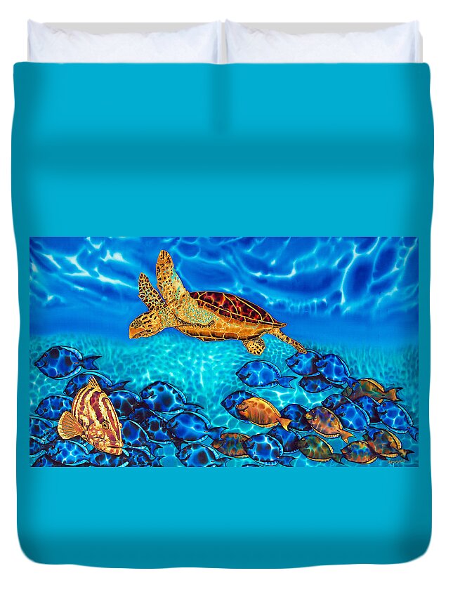 Turtle Duvet Cover featuring the painting Caribbean Sea Turtle and Reef Fish by Daniel Jean-Baptiste