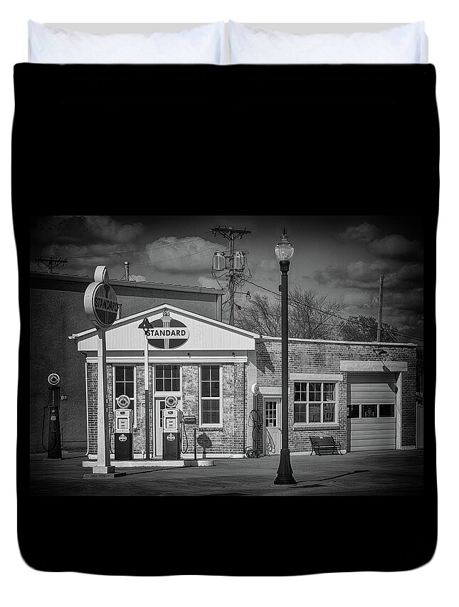 Gas Station Duvet Cover featuring the photograph Carls Standard Filling Station #2 by Susan Rissi Tregoning