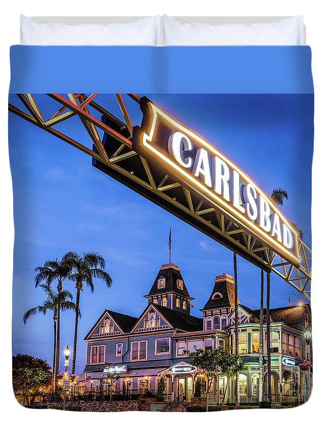 Carlsbad Duvet Cover featuring the photograph Carlsbad Welcome Sign by David Levin