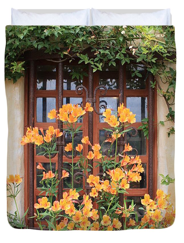 Alstroemeria Duvet Cover featuring the photograph Carmel Mission Window by Carol Groenen