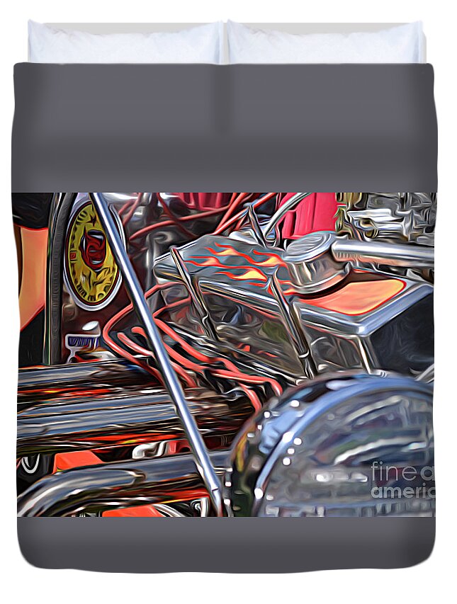 Hot Rod Duvet Cover featuring the digital art Cars - Hod Rod Engine and Wires Close Up by Jason Freedman
