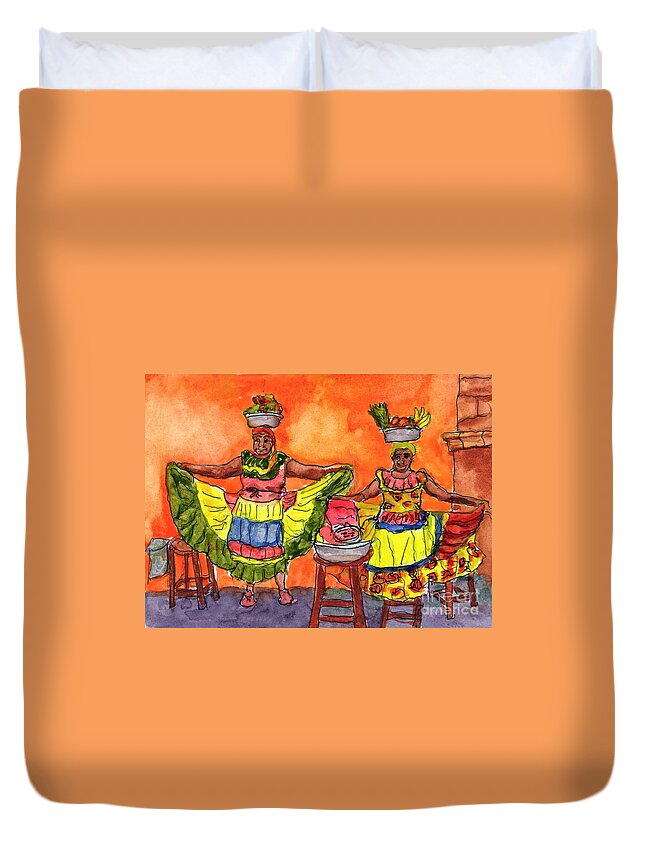 Columbia Duvet Cover featuring the painting Cartagena Fruit Venders by Randy Sprout