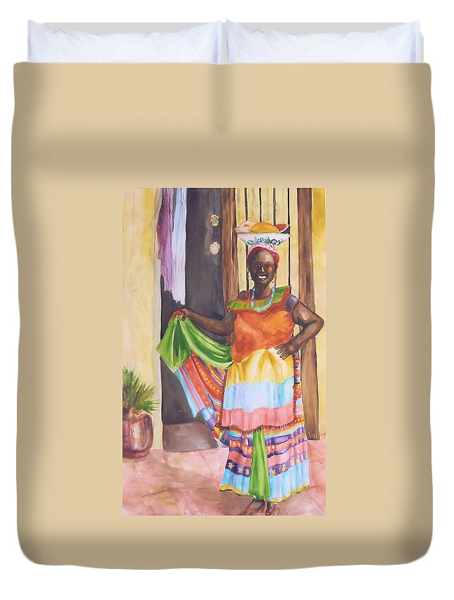 Dressed In Her Traditional Costume This Fruit Seller Is Very Colorful. Columbia Duvet Cover featuring the painting Cartegena Woman by Charme Curtin