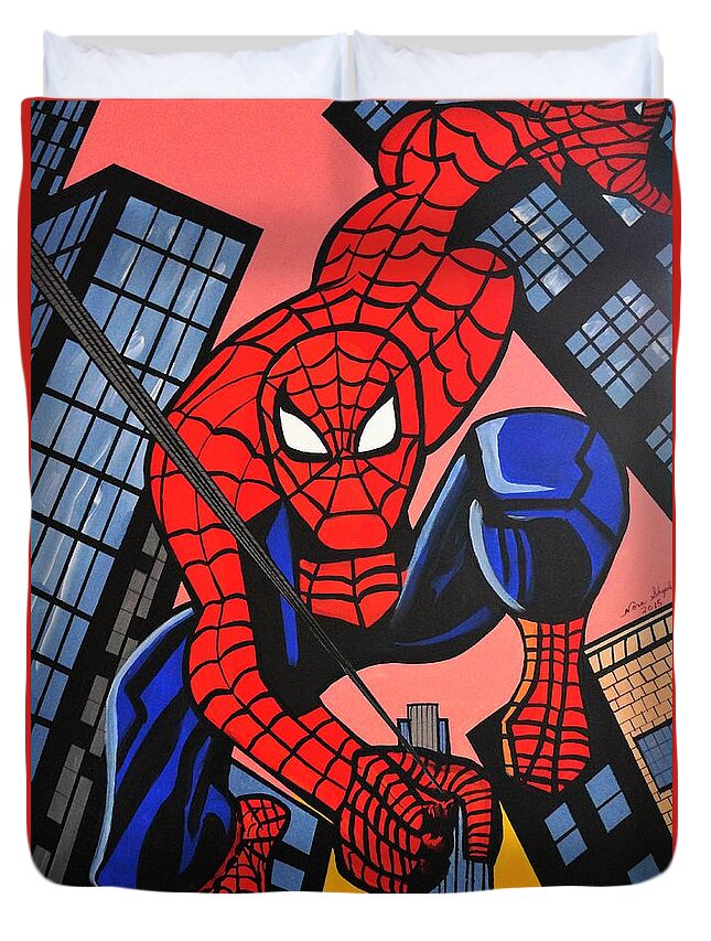 Spiderman Duvet Cover featuring the painting Cartoon Spiderman by Nora Shepley