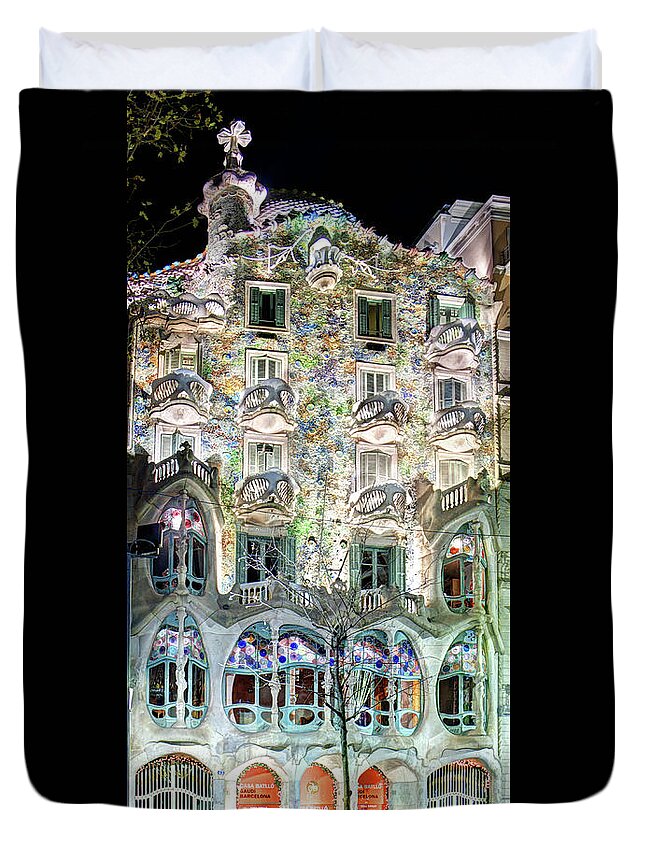 Casa Batllo Duvet Cover featuring the photograph Casa Batllo at night - Gaudi by Weston Westmoreland