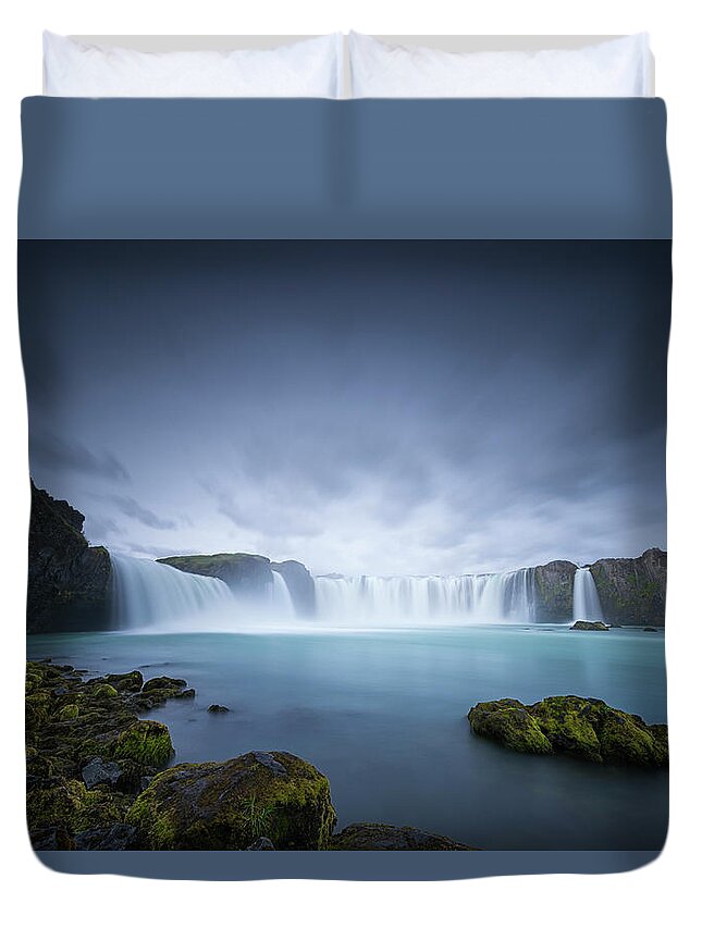 Iceland Duvet Cover featuring the photograph Cascade of the gods by Dominique Dubied