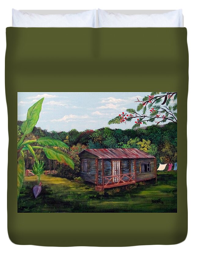 Old Wooden Home Duvet Cover featuring the painting Casita Linda by Gloria E Barreto-Rodriguez