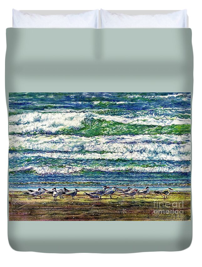 Coastal Birds Duvet Cover featuring the painting Caspian Terns by the Ocean by Cynthia Pride