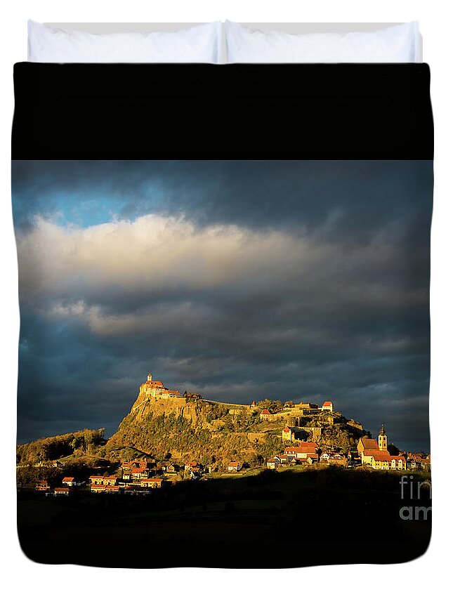 Castle Duvet Cover featuring the photograph Castle at Sunset under Thunderstorm by Andreas Berthold