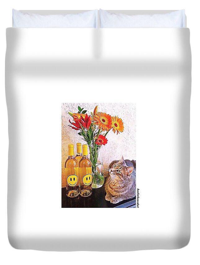 Photoshop Duvet Cover featuring the photograph #cat + #wine + #flowers = The #caturday by Austin Tuxedo Cat