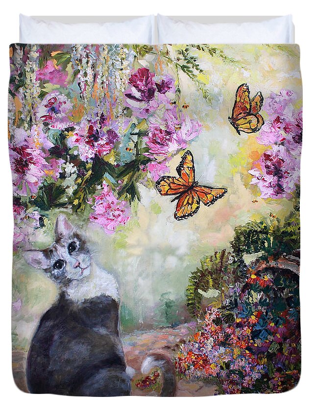 Cats Duvet Cover featuring the painting Cat and Butterflies in Cottage Garden by Ginette Callaway