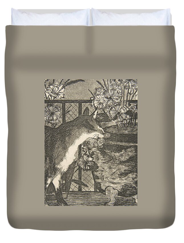 19th Century Art Duvet Cover featuring the relief Cat and Flowers by Edouard Manet