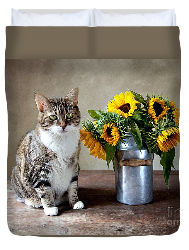 Cat Duvet Cover featuring the painting Cat and Sunflowers by Nailia Schwarz