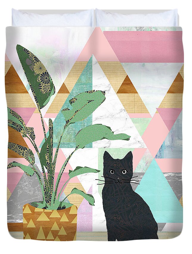 Cat Duvet Cover featuring the mixed media Cat Collage by Claudia Schoen
