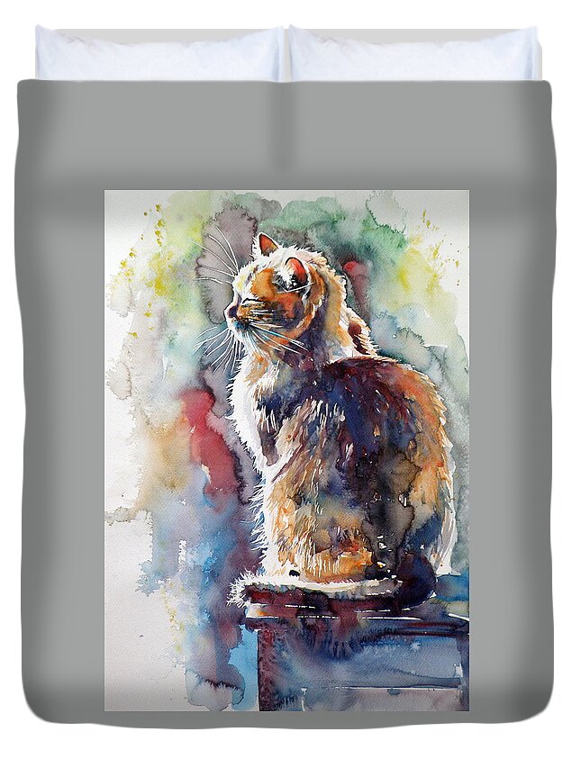 Cat Duvet Cover featuring the painting Cat in backlight by Kovacs Anna Brigitta